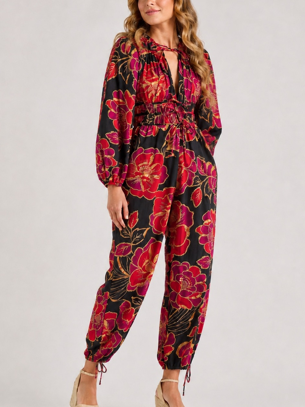 🆕🌿🌺FARM Rio Dragonfly Garden Floral Jumpsuit XS Black Red Pink Cotton Long